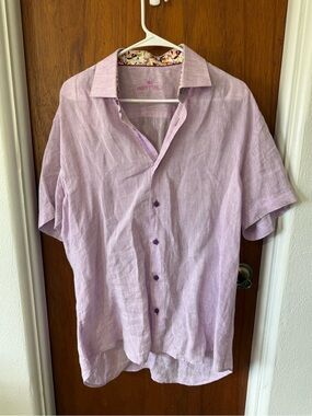 Bertigo Purple Lavender Short Sleeve Linen Shirt Floral Collar Large